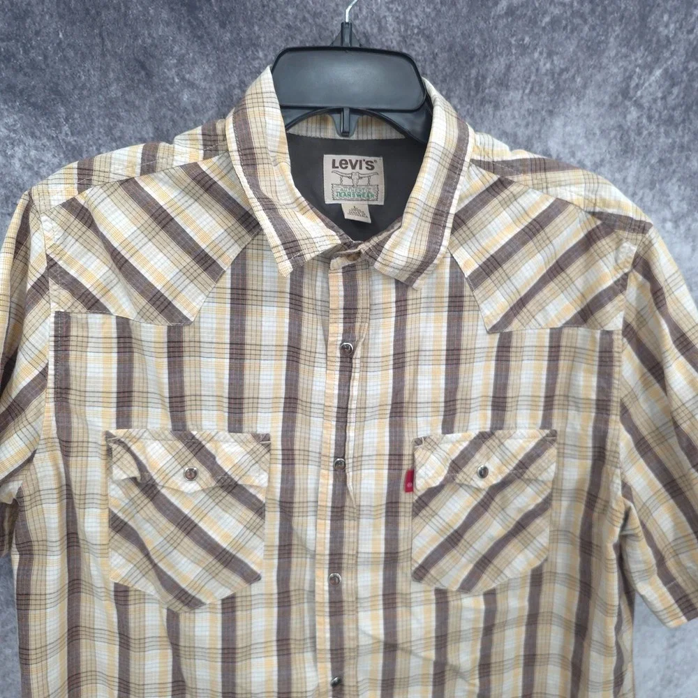 Levis Western Shirt Mens Large Yellow Plaid Pearl Snap‎ Cowboy Rodeo Vaquero